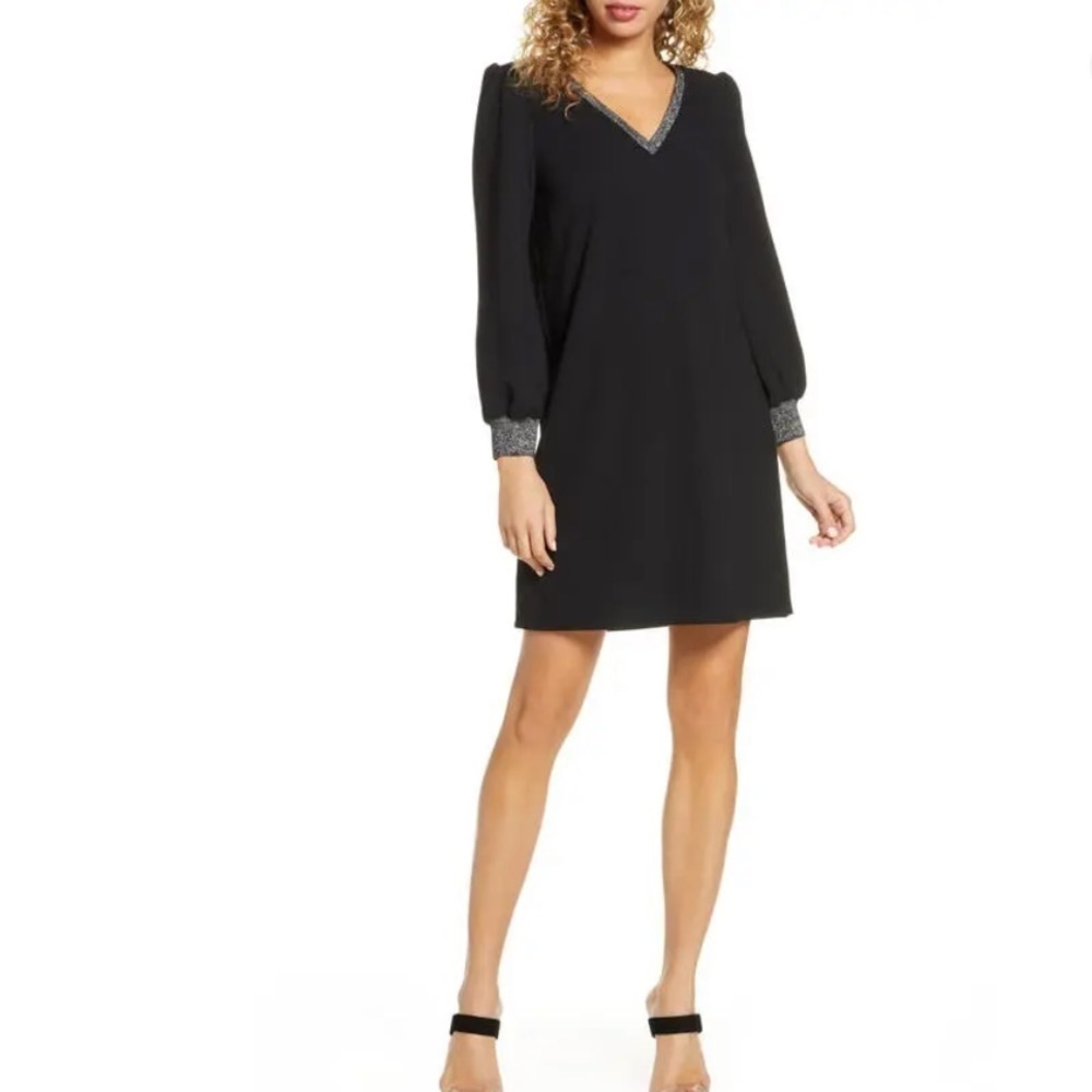 New SAM EDELMAN Black Long Sleeve V-Neck Metallic Trim Shift Dress Size 4